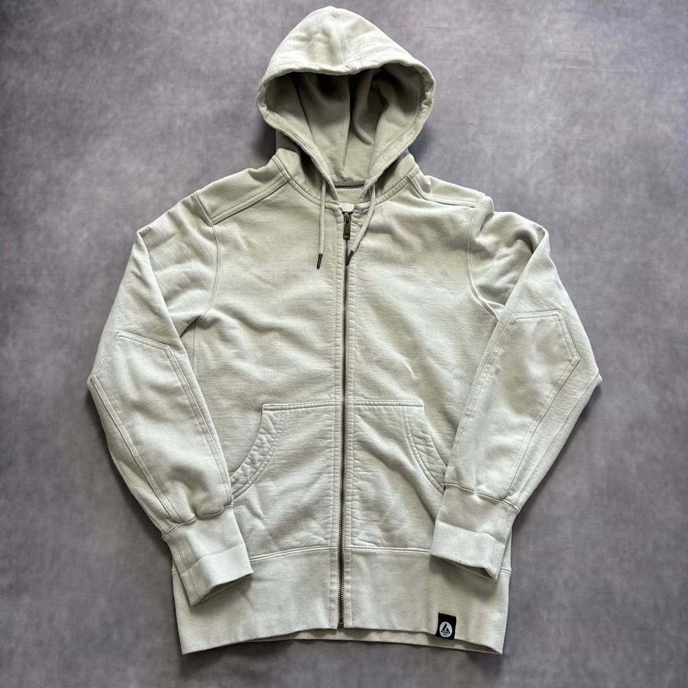 American Giant Full Zip Hoodie Mens Sand Beige Heavyweight Elbow Patches